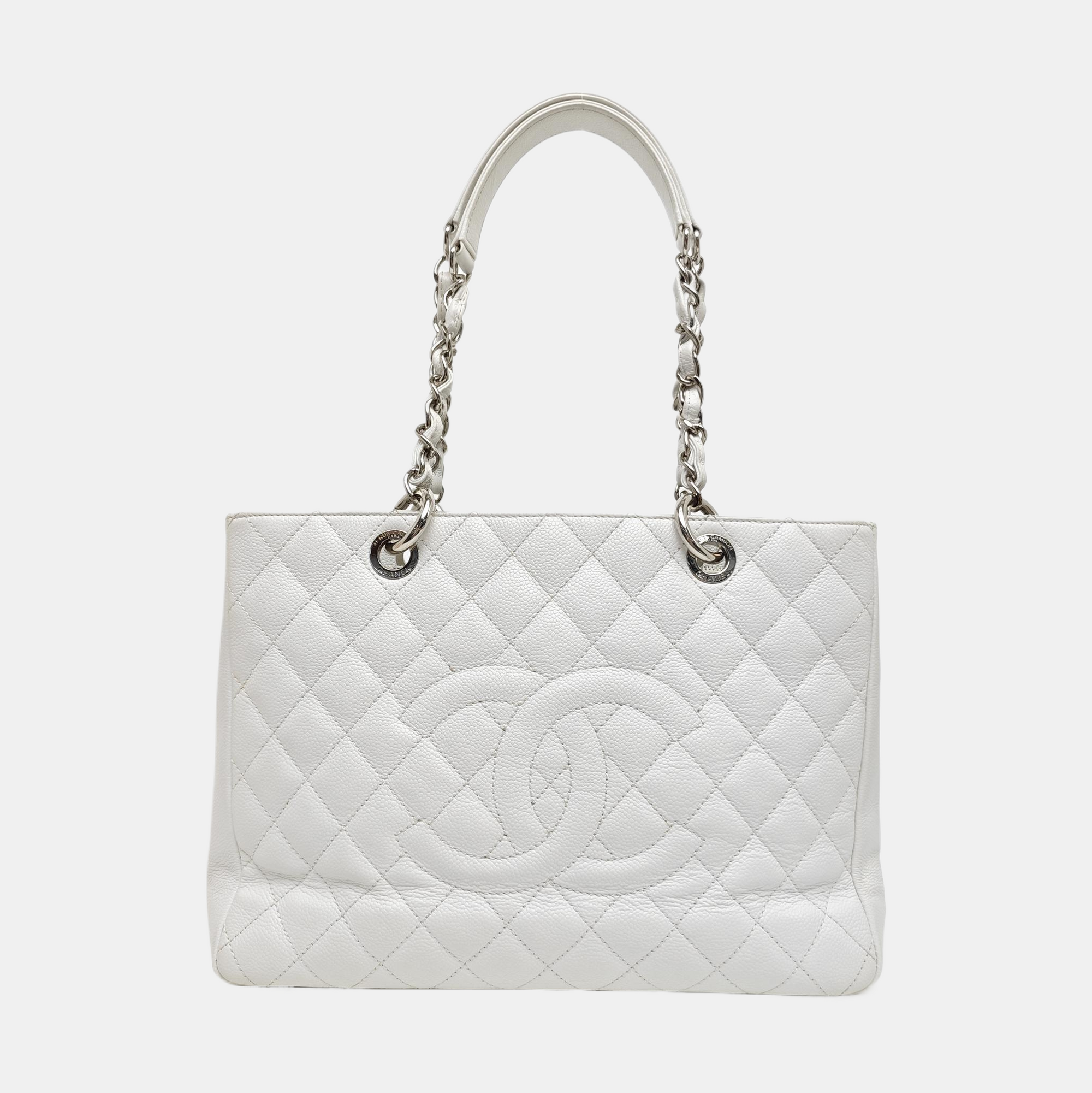 CHANEL GST Large Quilted Grained Calfskin White