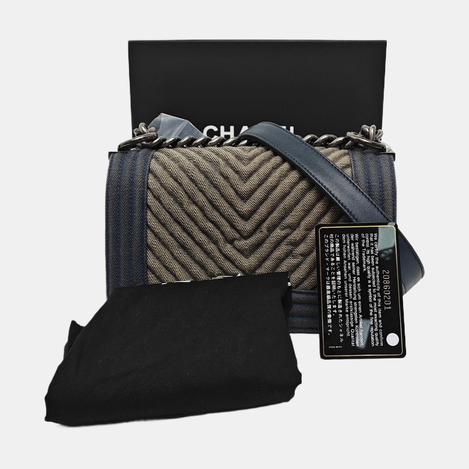 Authenticated pre-owned  BOY CHANEL Small Chevron, Quilted Denim Beige - Crossbody Bag at Looply