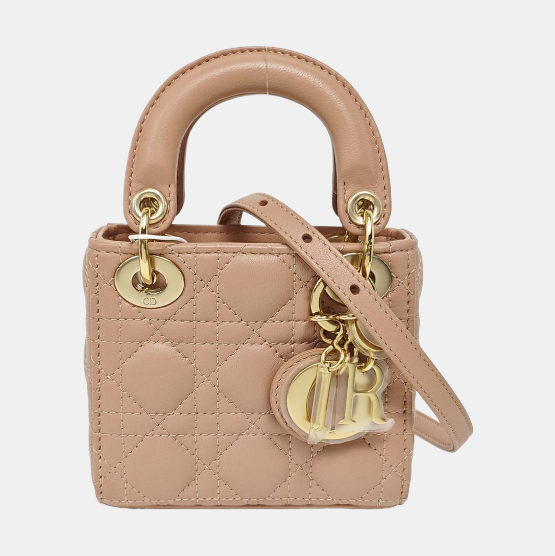 Authenticated pre-owned  Lady Dior Super Mini Quilted Lambskin Beige - Tote Bag at Looply