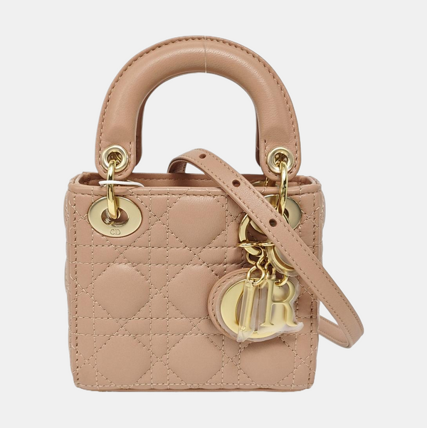 Authenticated pre-owned  Lady Dior Super Mini Quilted Lambskin Beige - Tote Bag at Looply