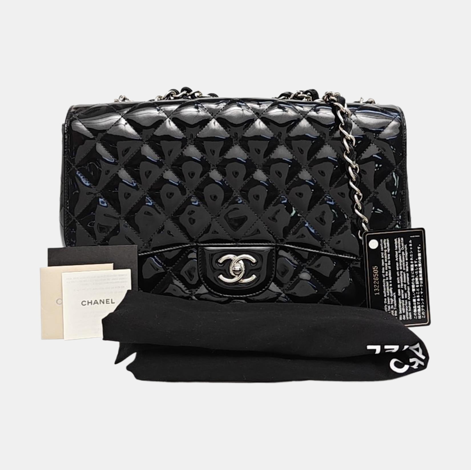 Large Quilted Patent Leather Black