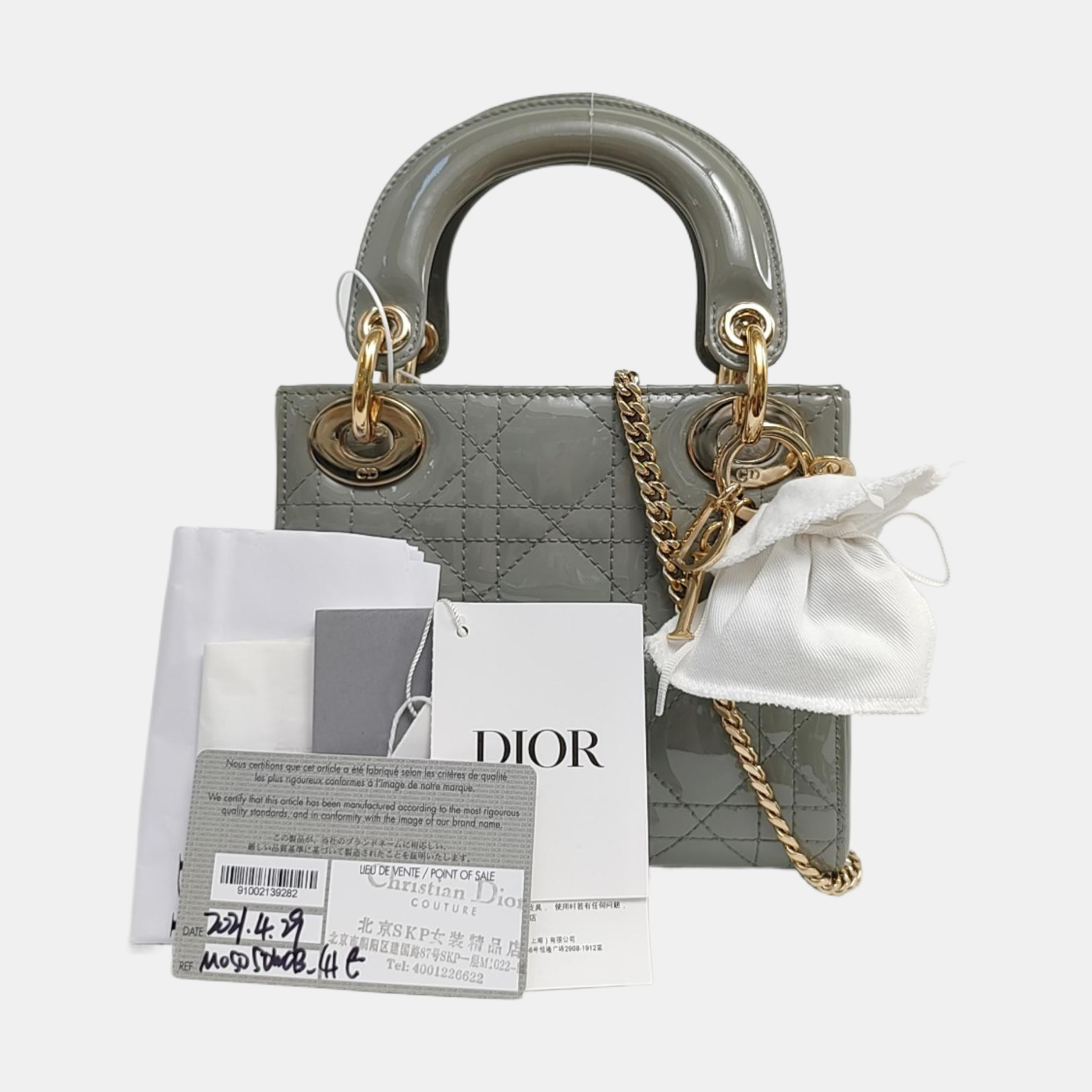 Authenticated pre-owned  Lady Dior Mini Quilted Patent Leather Gray - Tote Bag at Looply