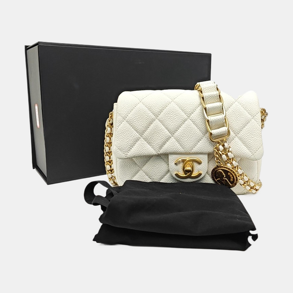 Quilted Grained Calfskin Shoulder Bag Mini White