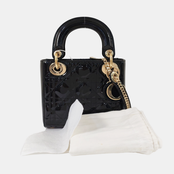 Authenticated pre-owned  Lady Dior Mini Quilted Patent Leather Black - Tote Bag at Looply