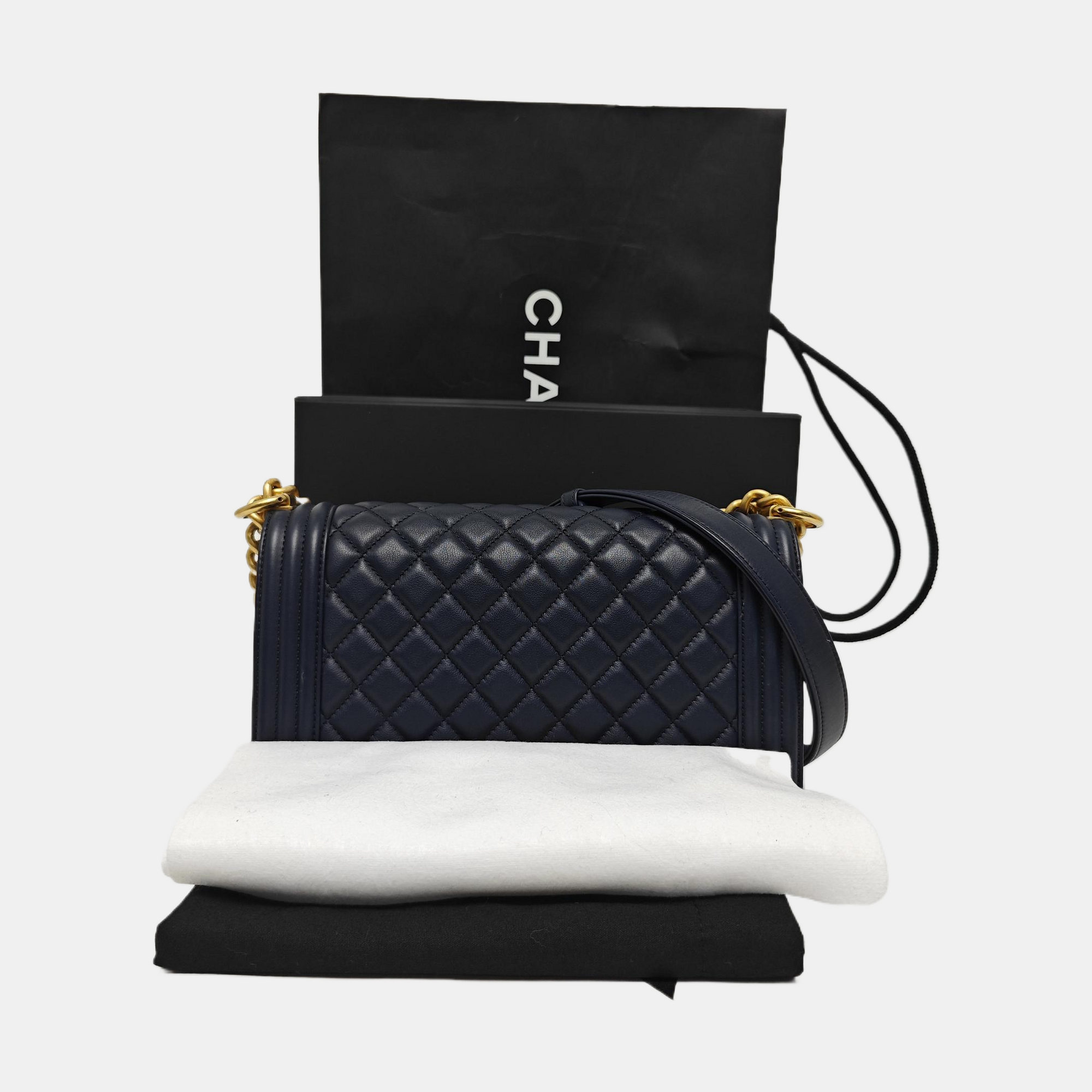 BOY CHANEL Medium Quilted Grained Calfskin Blue