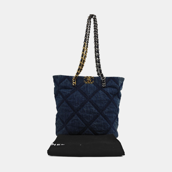 CHANEL 19 Large Quilted Denim Blue