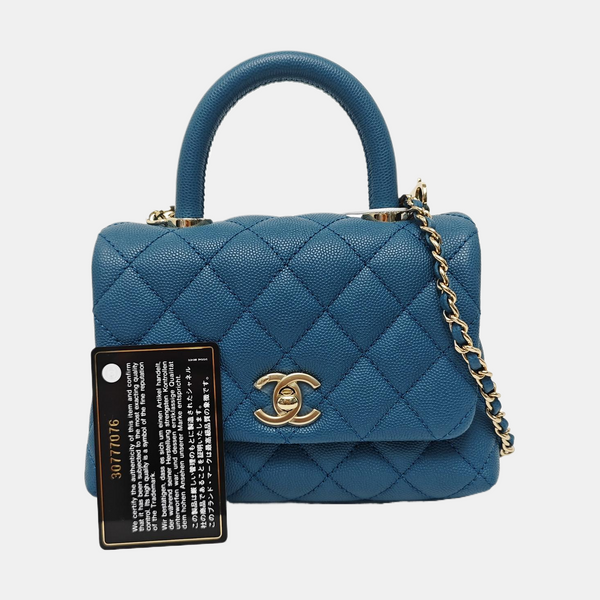 COCO HANDLE Mini Quilted Grained Calfskin Blue