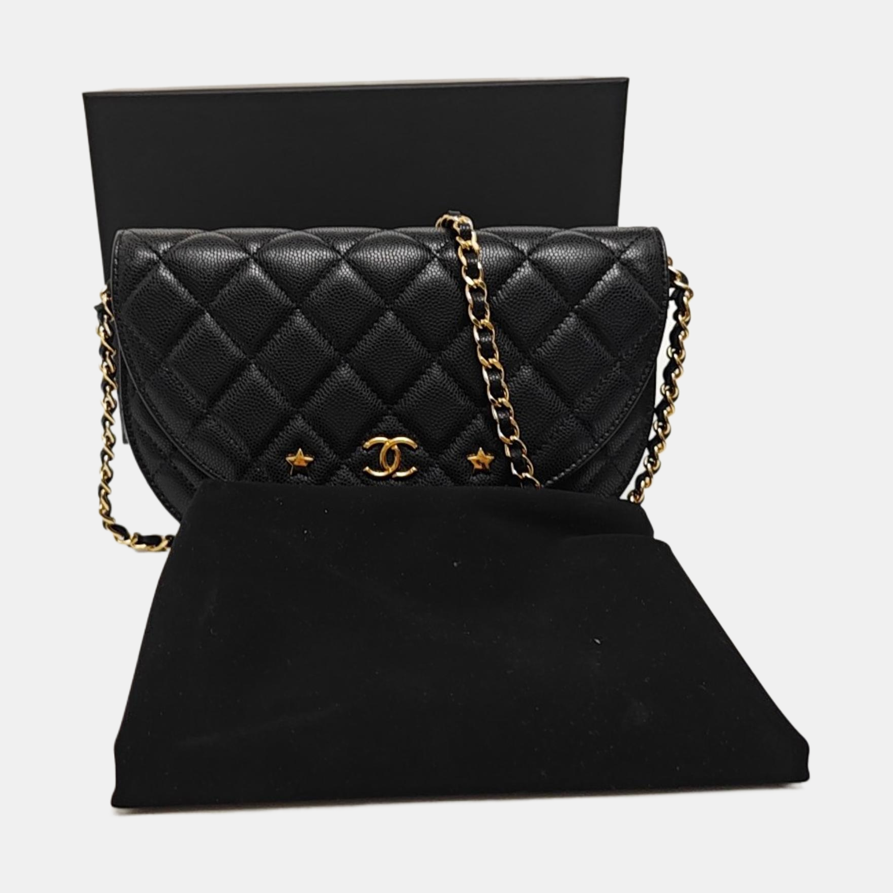Quilted Grained Calfskin Shoulder Bag Black