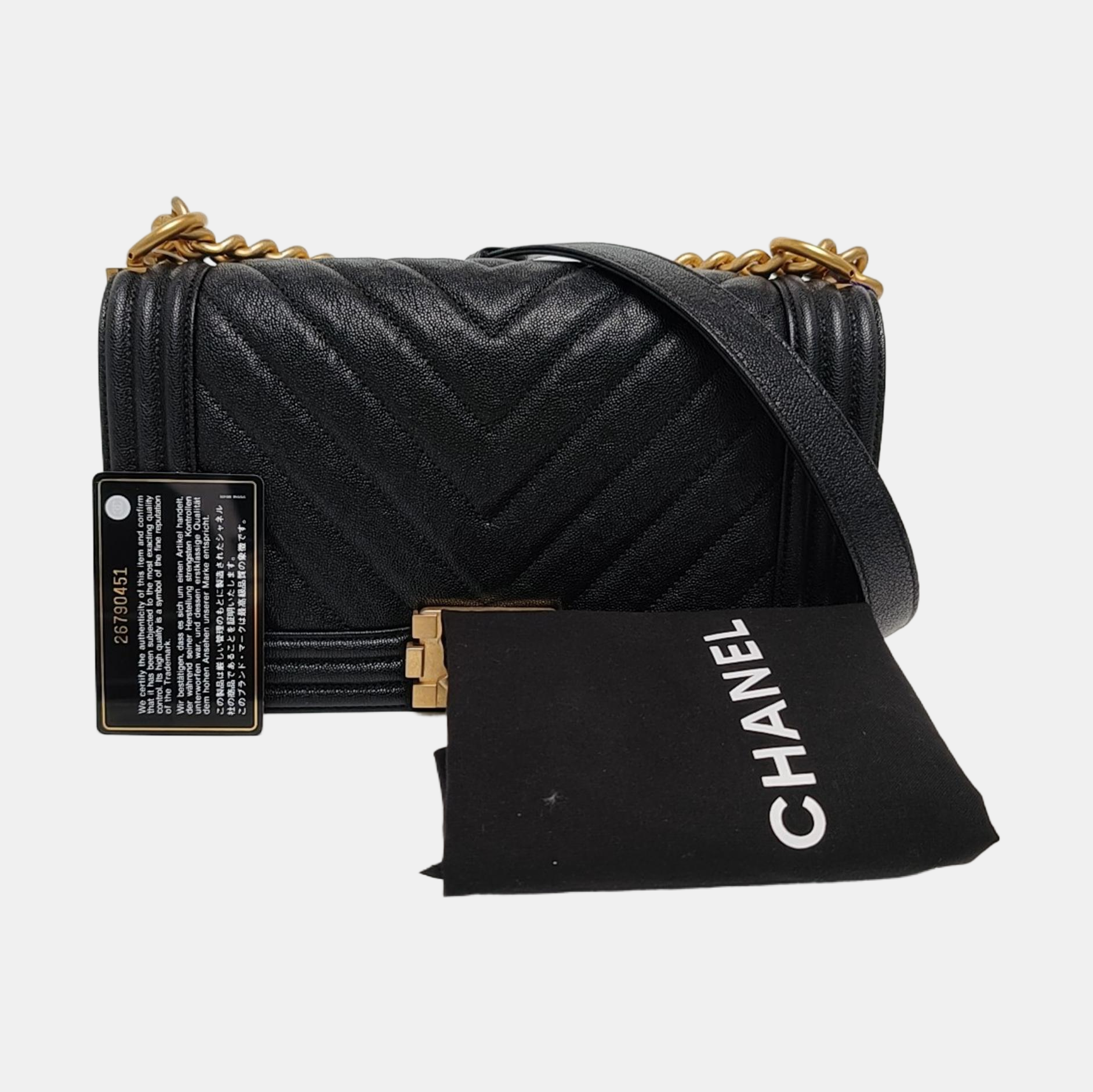 Authenticated pre-owned  BOY CHANEL Medium Chevron, Quilted Grained Calfskin Black - Shoulder Bag at Looply