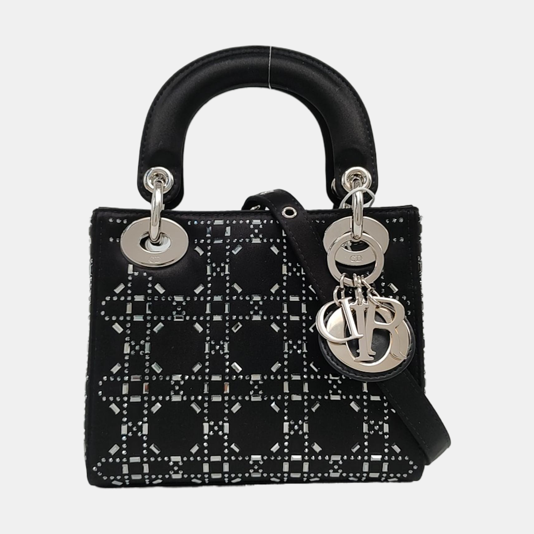 Authenticated pre-owned  Lady Dior Mini Cannage Silk Satin Black - Tote Bag at Looply