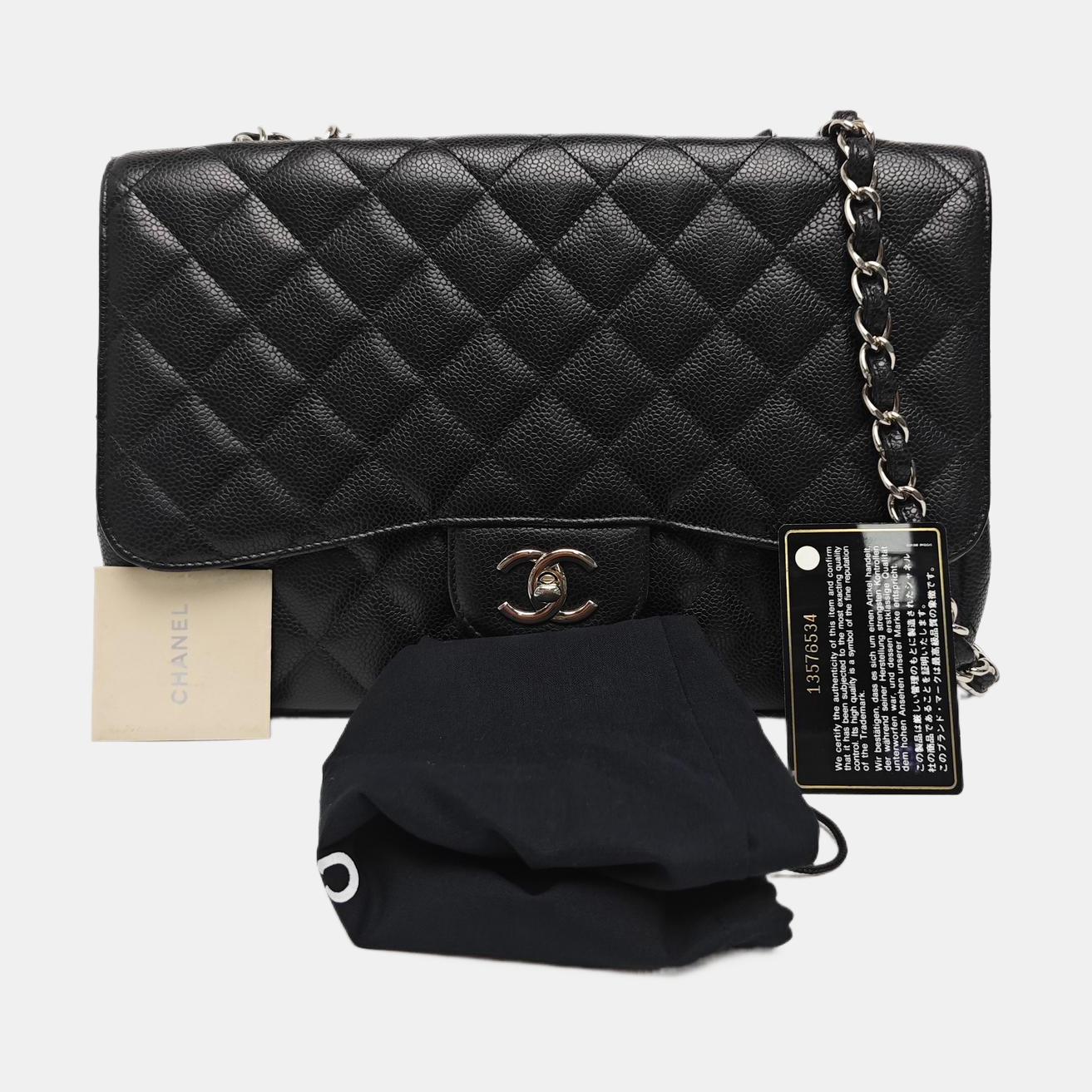 Quilted Grained Calfskin Shoulder Bag Large Black