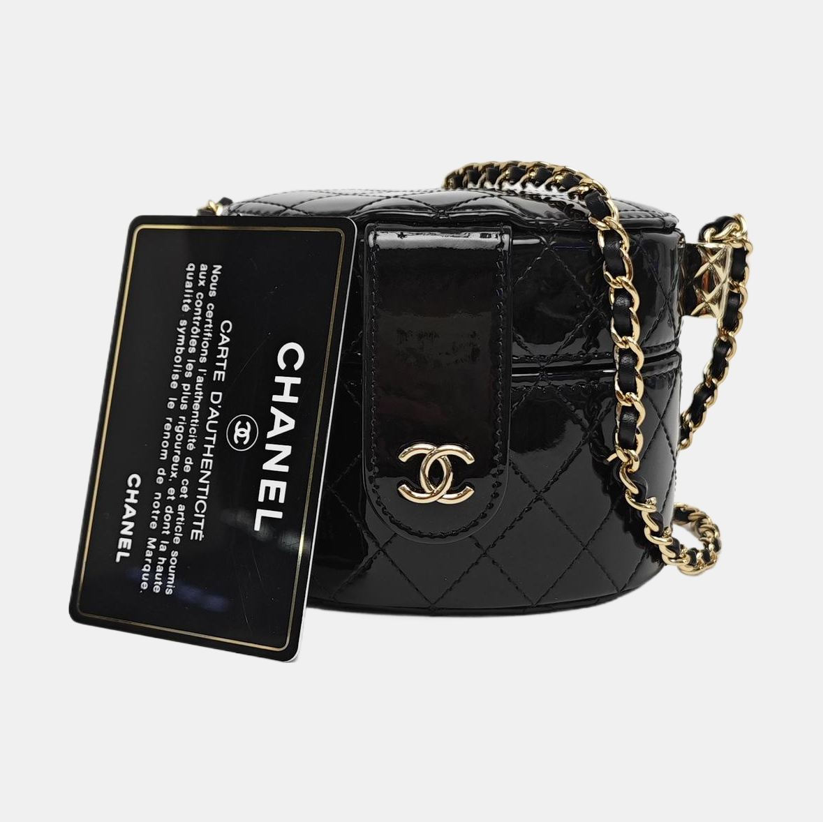 Round Vanity Quilted Patent Leather Black