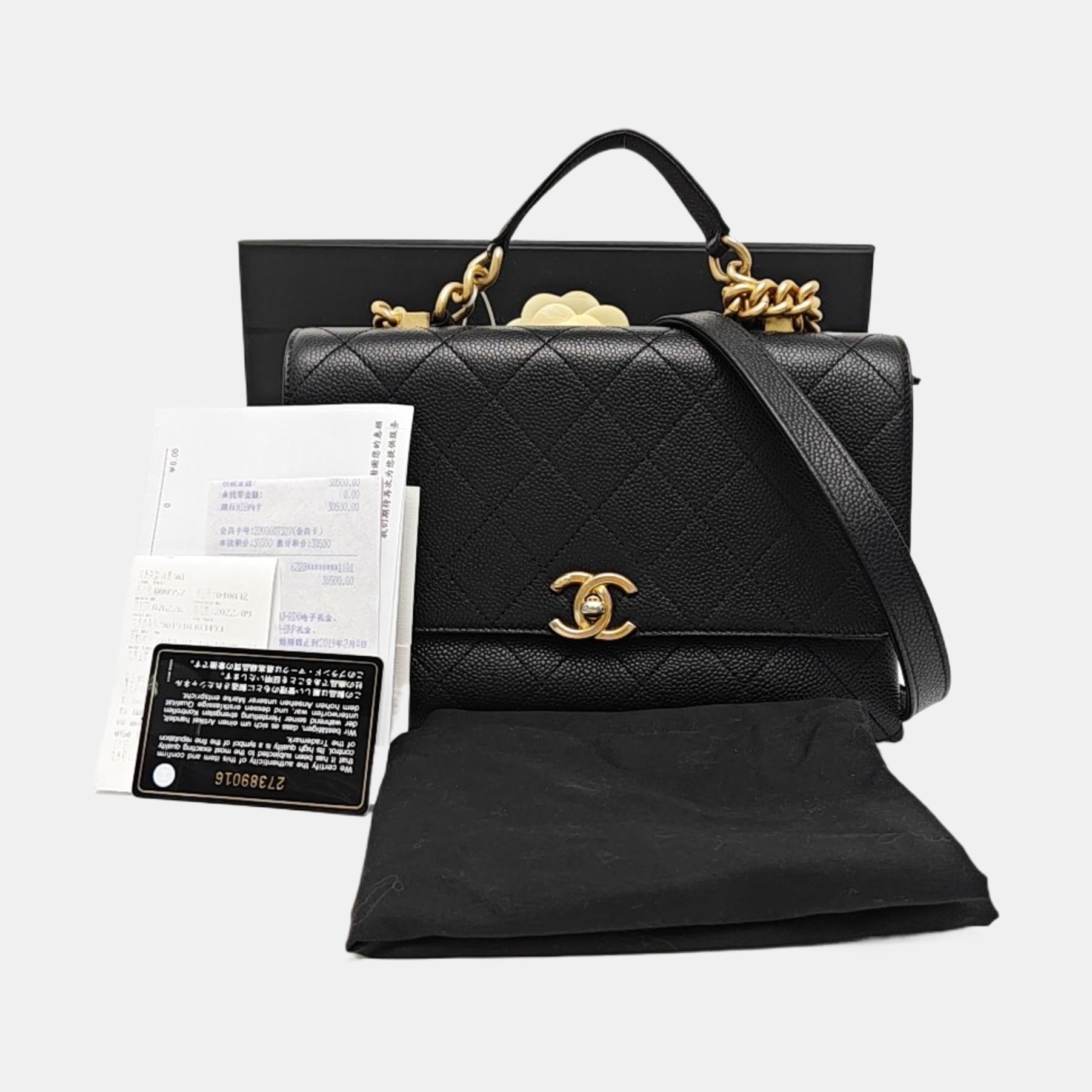 Quilted Grained Calfskin Shoulder Bag Black
