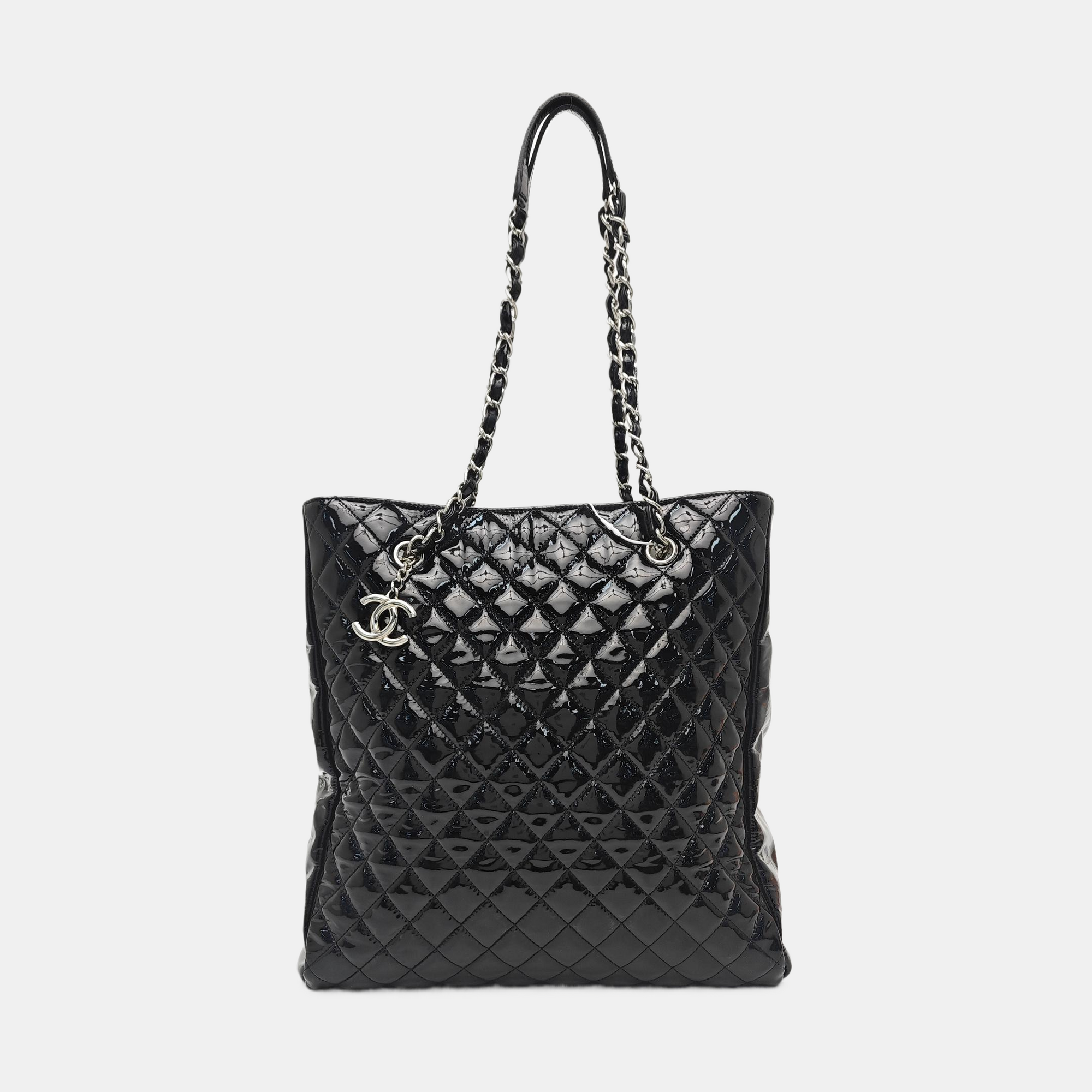 Quilted Patent Leather Tote Bag Black