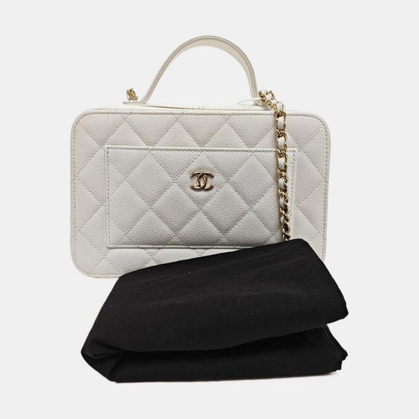 Quilted Grained Calfskin Shoulder Bag White