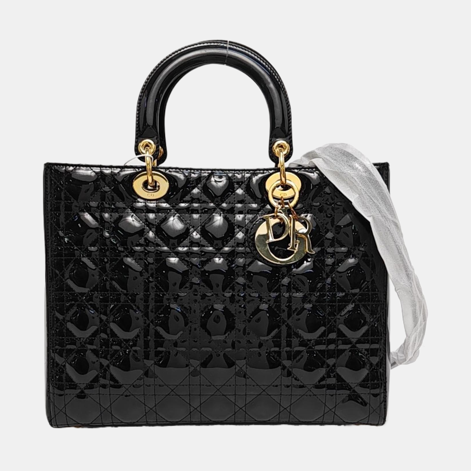 Authenticated pre-owned  Lady Dior Large Quilted Patent Leather Black - Tote Bag at Looply
