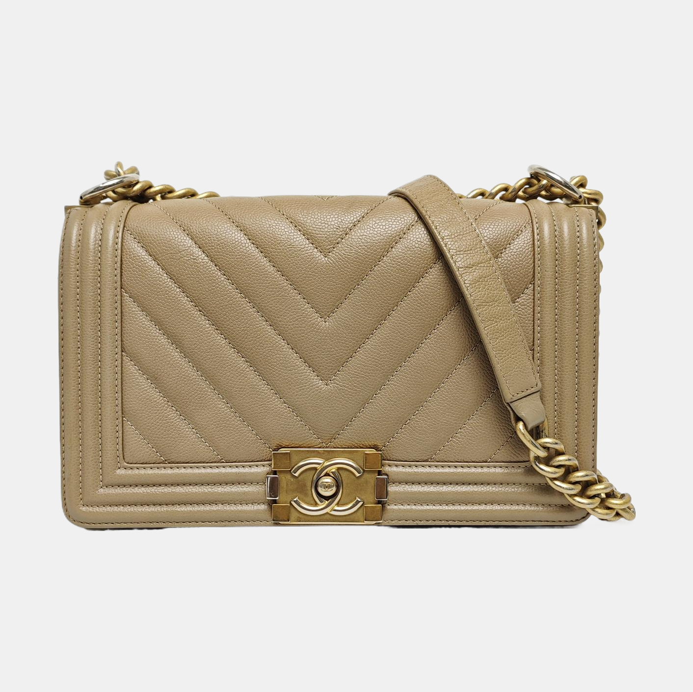 BOY CHANEL Medium Chevron, Quilted Grained Calfskin Beige