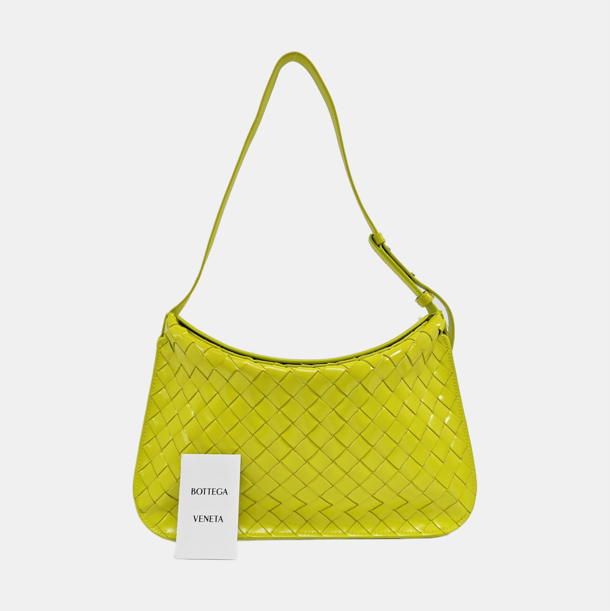 Authenticated pre-owned  Intrecciato Patent Leather Yellow - Top Handle Bag at Looply