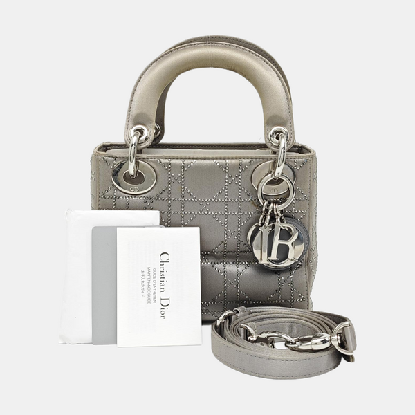 Authenticated pre-owned  Lady Dior Mini Silk Satin Grey - Shoulder Bag at Looply