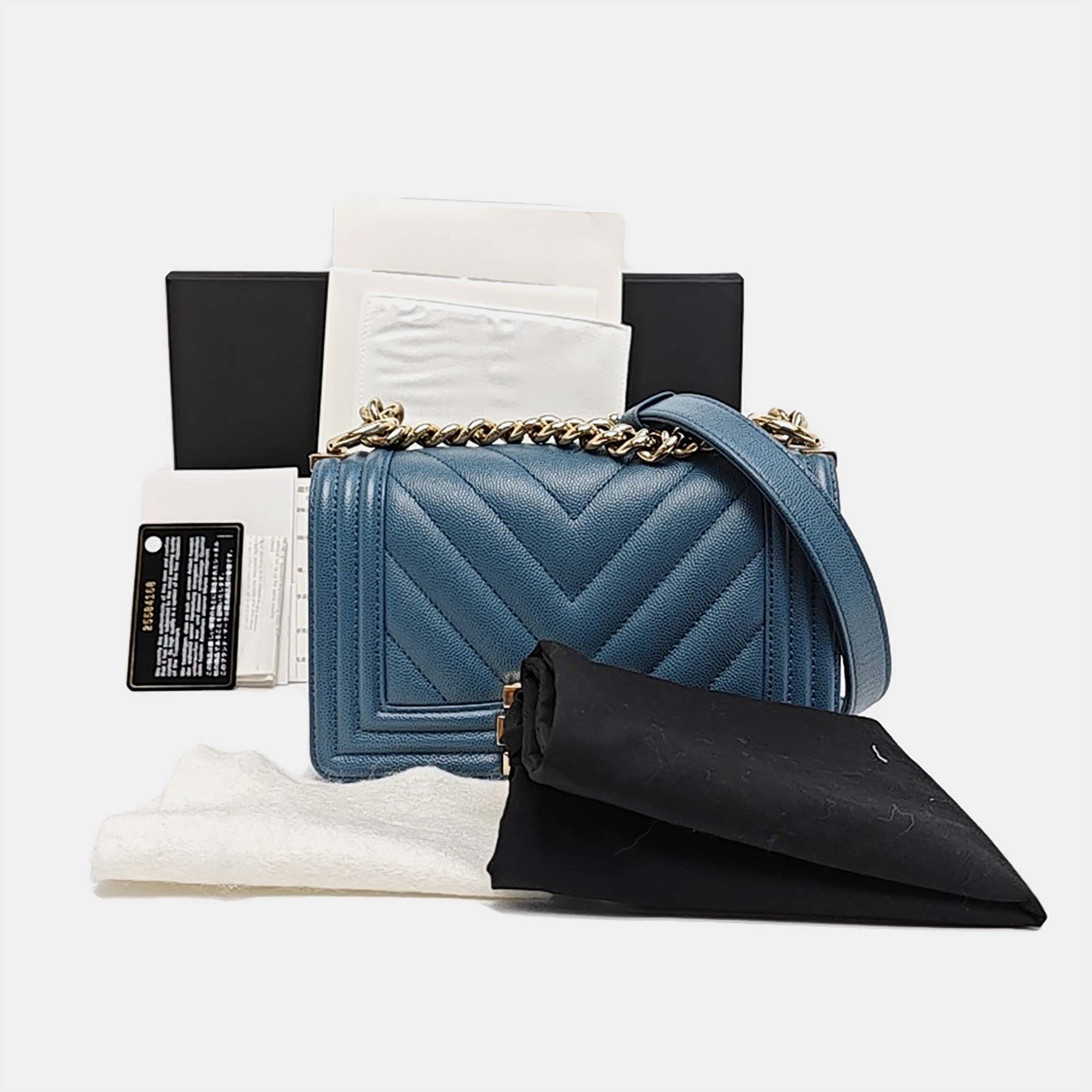BOY CHANEL Small Chevron, Quilted Grained Calfskin Blue