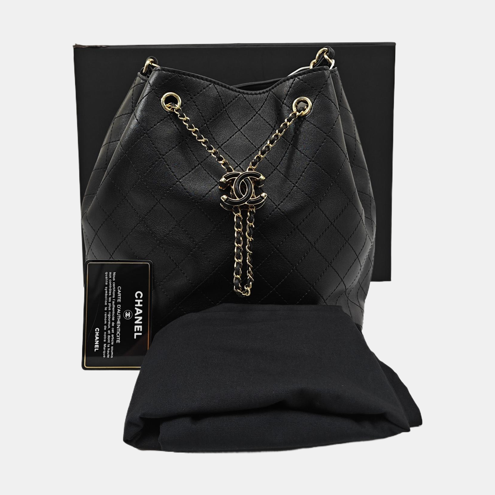 Quilted Calfskin Bucket Bag Black