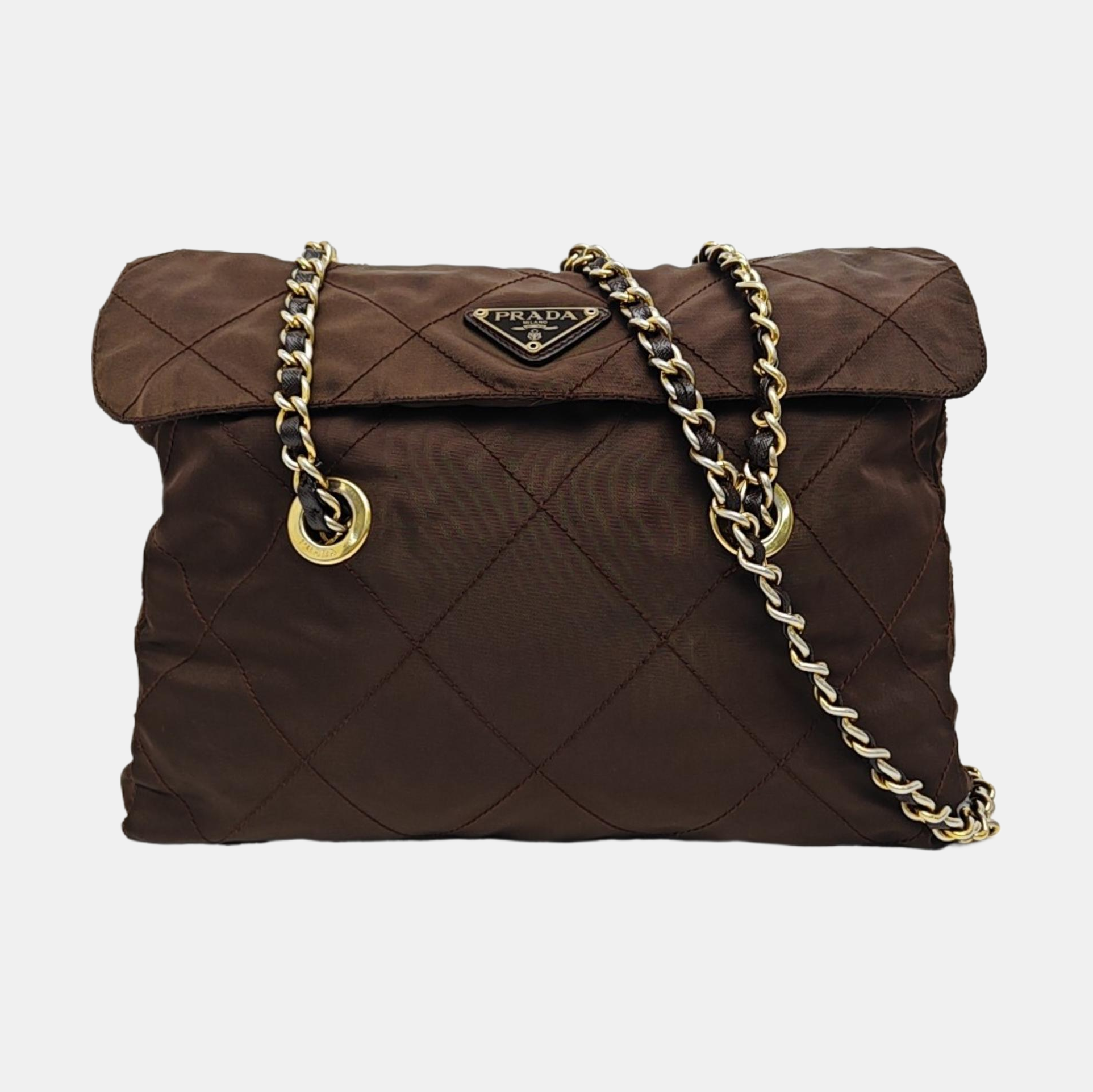Quilted Nylon Shoulder Bag Brown
