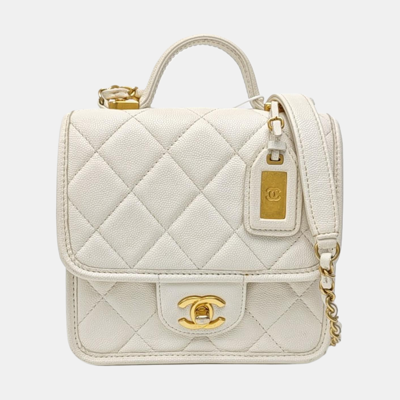 Quilted Grained Calfskin Shoulder Bag Small White