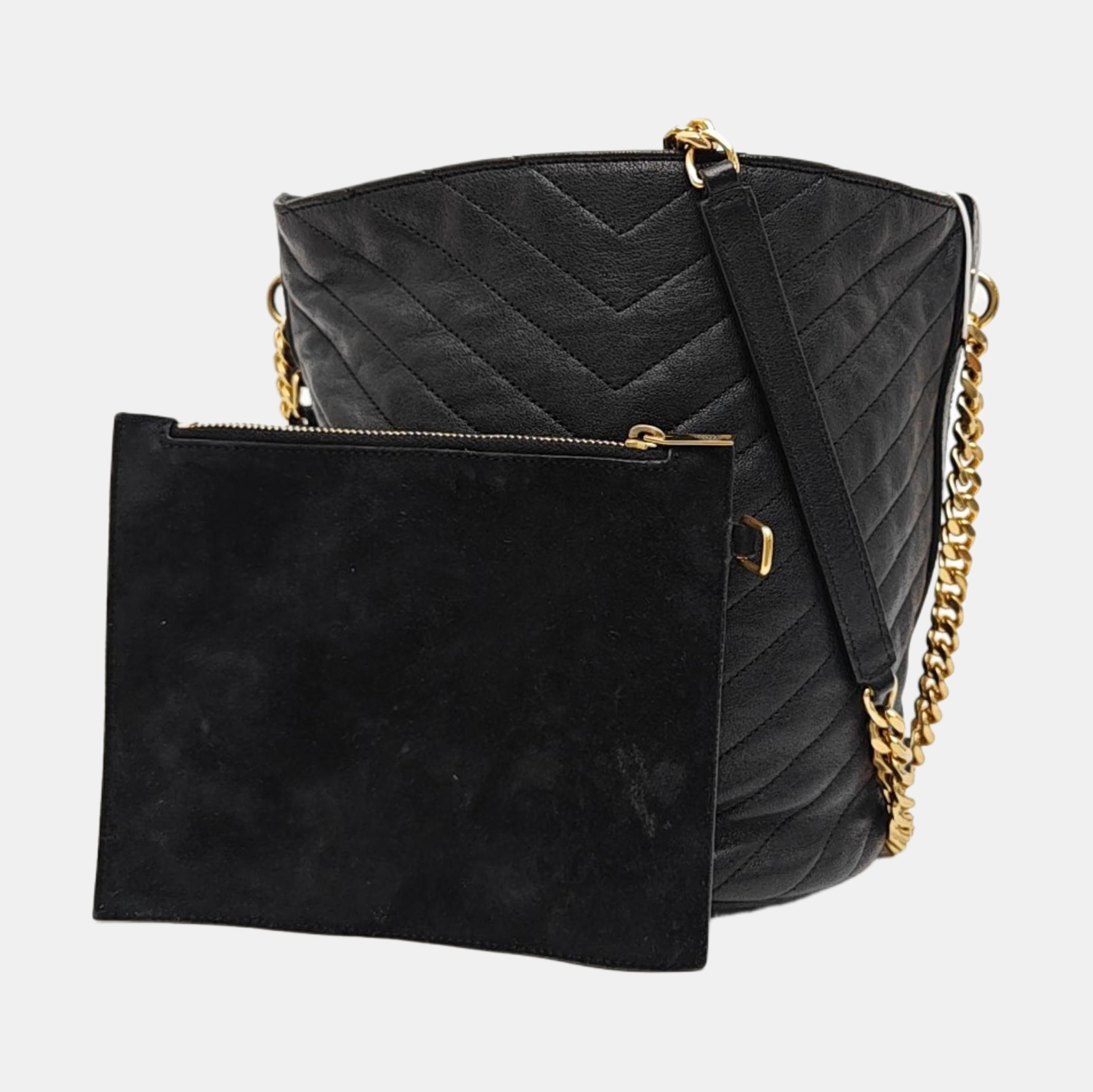 Chevron Calfskin Bucket Bag Black