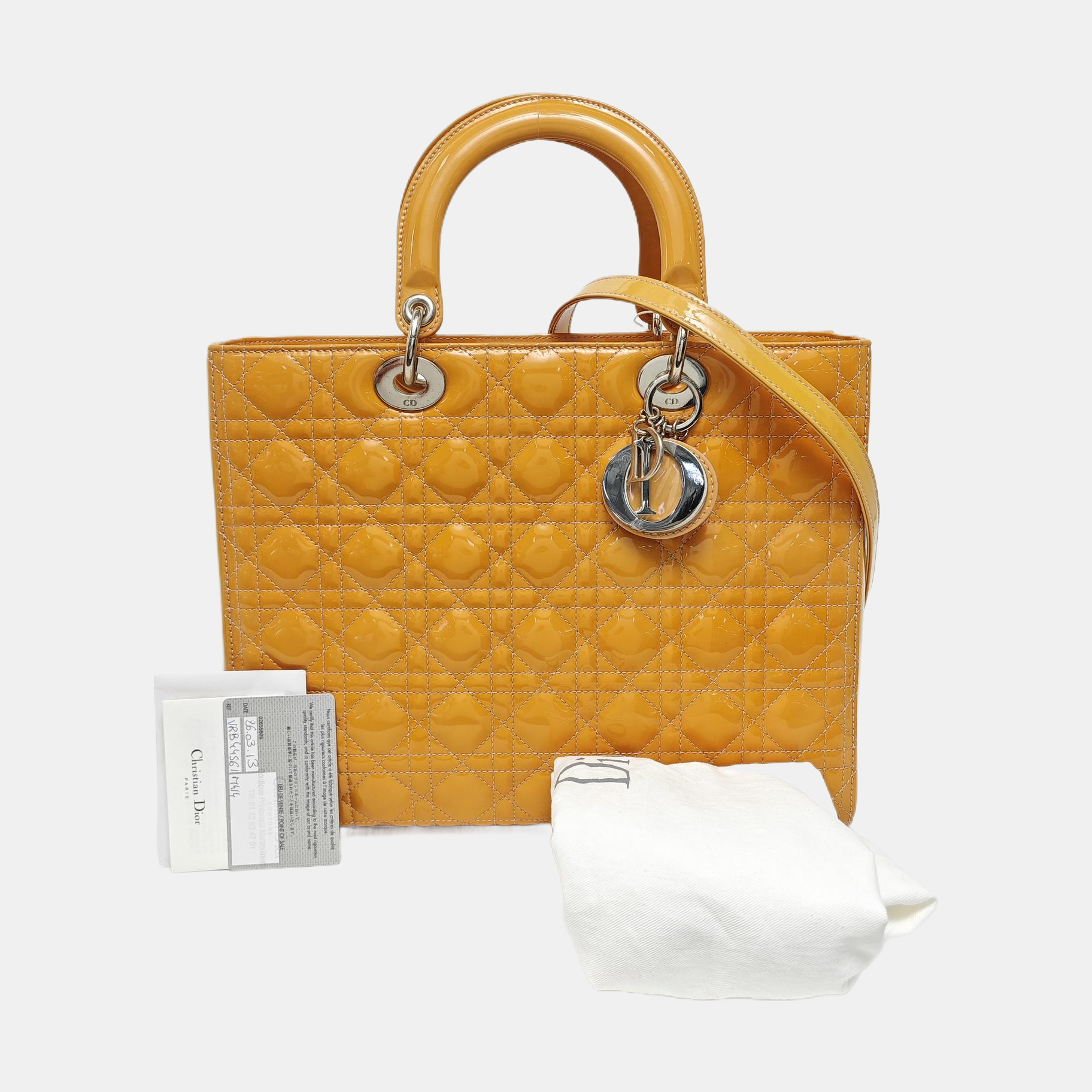 Authenticated pre-owned  Lady Dior Large Quilted Patent Leather Yellow - Tote Bag at Looply