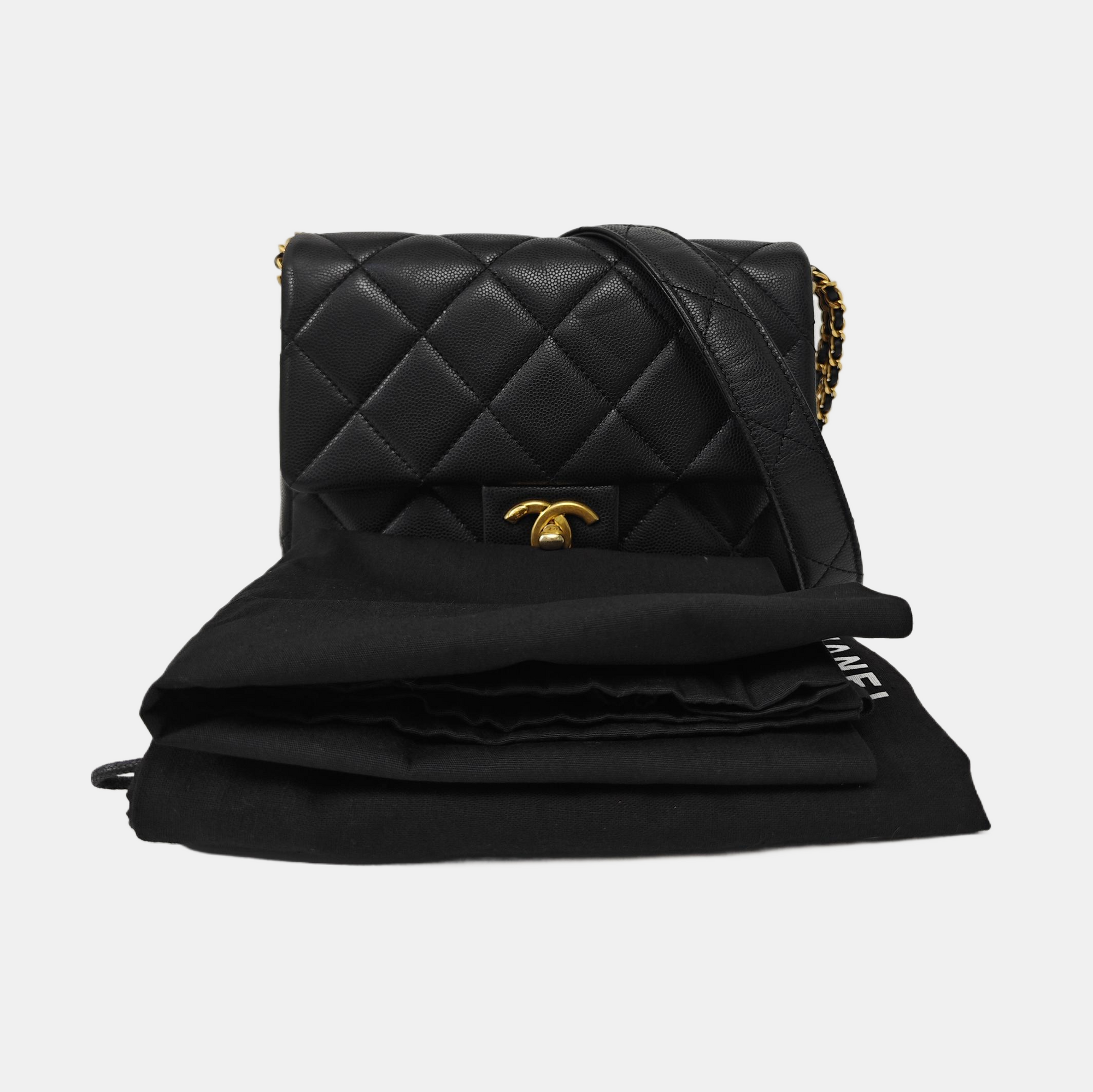 Quilted Grained Calfskin Shoulder Bag Small Black