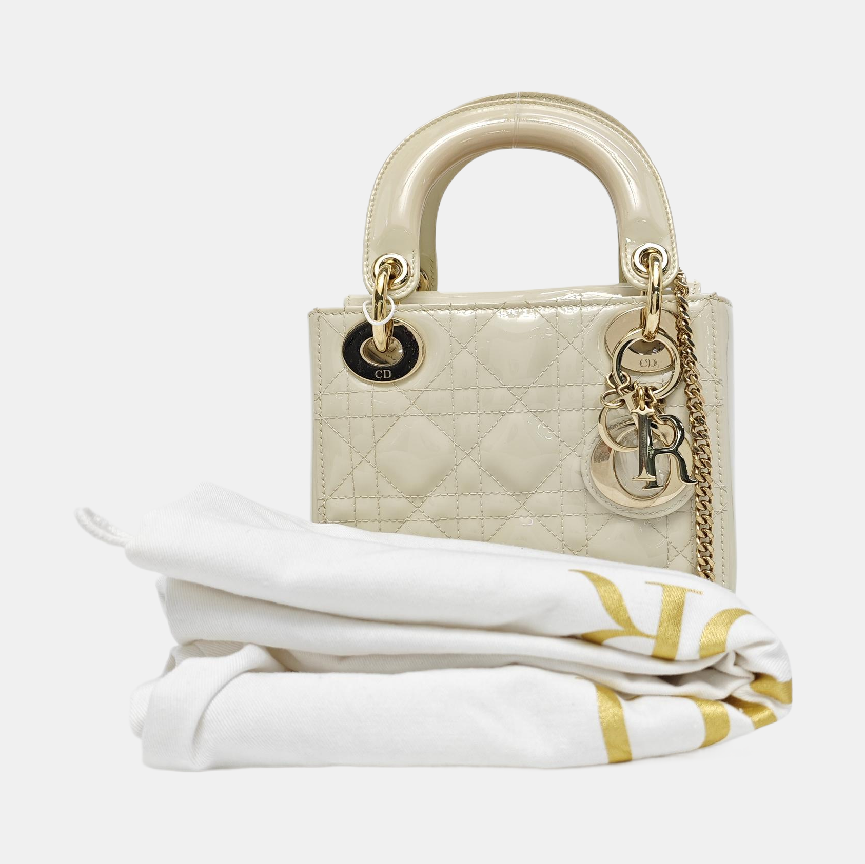 Authenticated pre-owned  Lady Dior Mini Quilted Patent Leather Yellow - Tote Bag at Looply