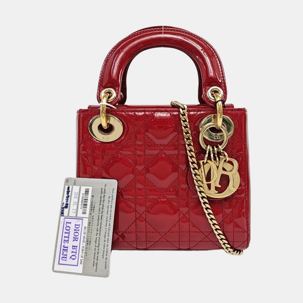 Lady Dior Mini Cannage Patent Calfskin Red