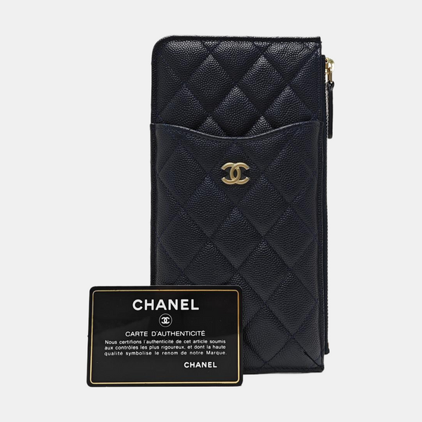 Quilted Grained Calfskin Card Holder Blue