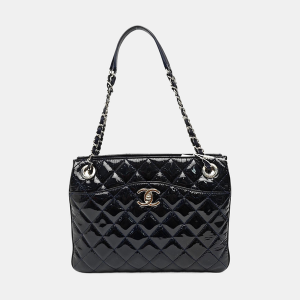 Quilted Patent Leather Top Handle Bag Blue