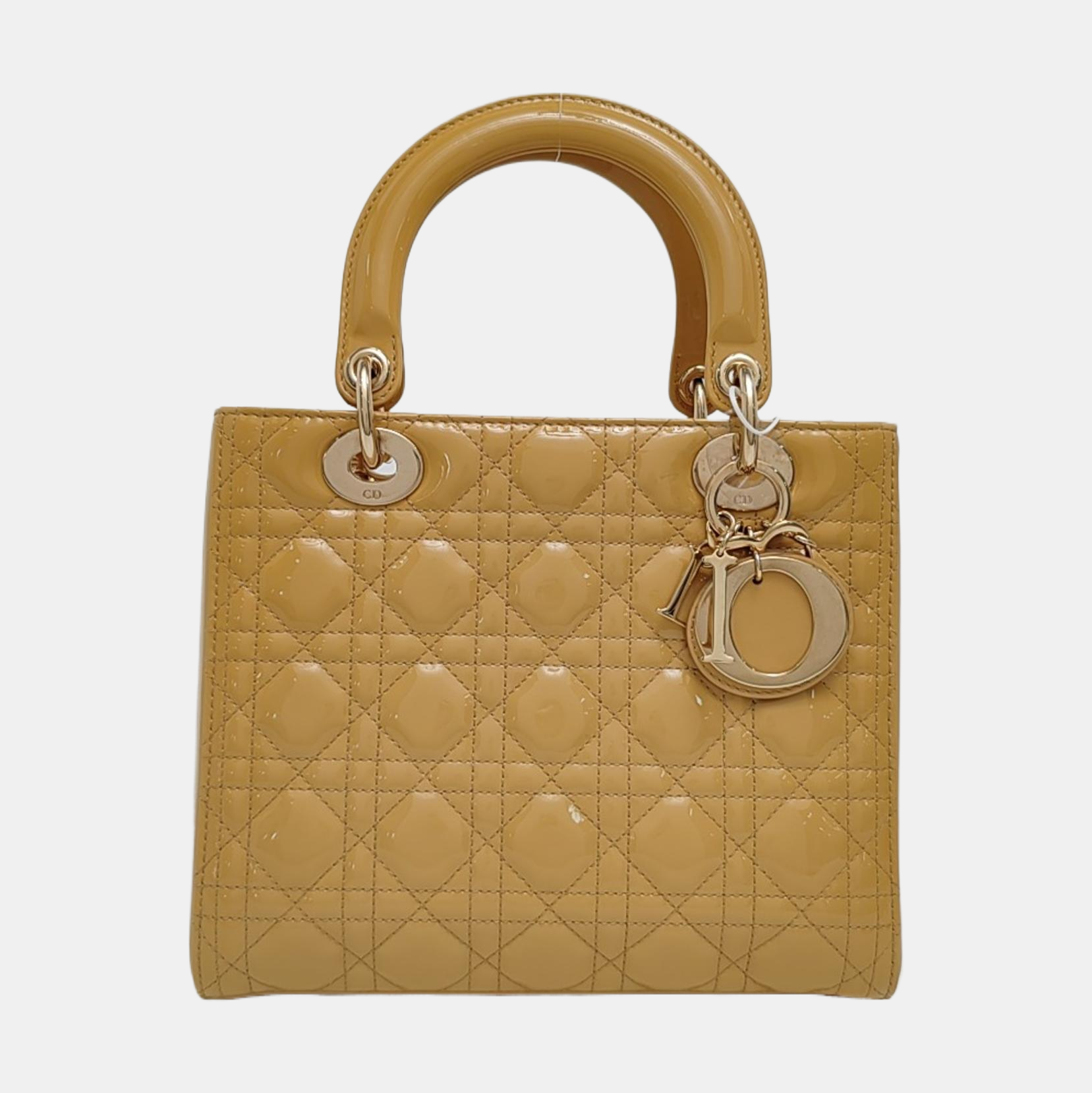 Authenticated pre-owned  Lady Dior Medium Quilted Patent Leather Beige - Top Handle Bag at Looply