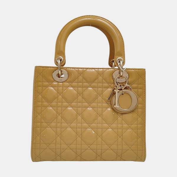 Authenticated pre-owned  Lady Dior Medium Quilted Patent Leather Beige - Top Handle Bag at Looply