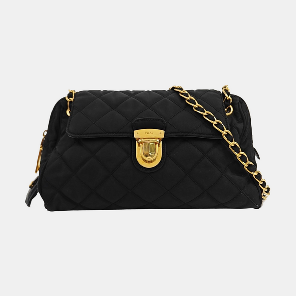Quilted Nylon Shoulder Bag Black