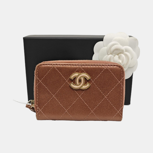 Quilted Lambskin Card Holder Beige
