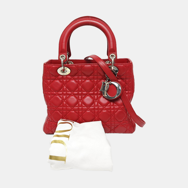Authenticated pre-owned  Lady Dior Medium Cannage Lambskin Red - Tote Bag at Looply