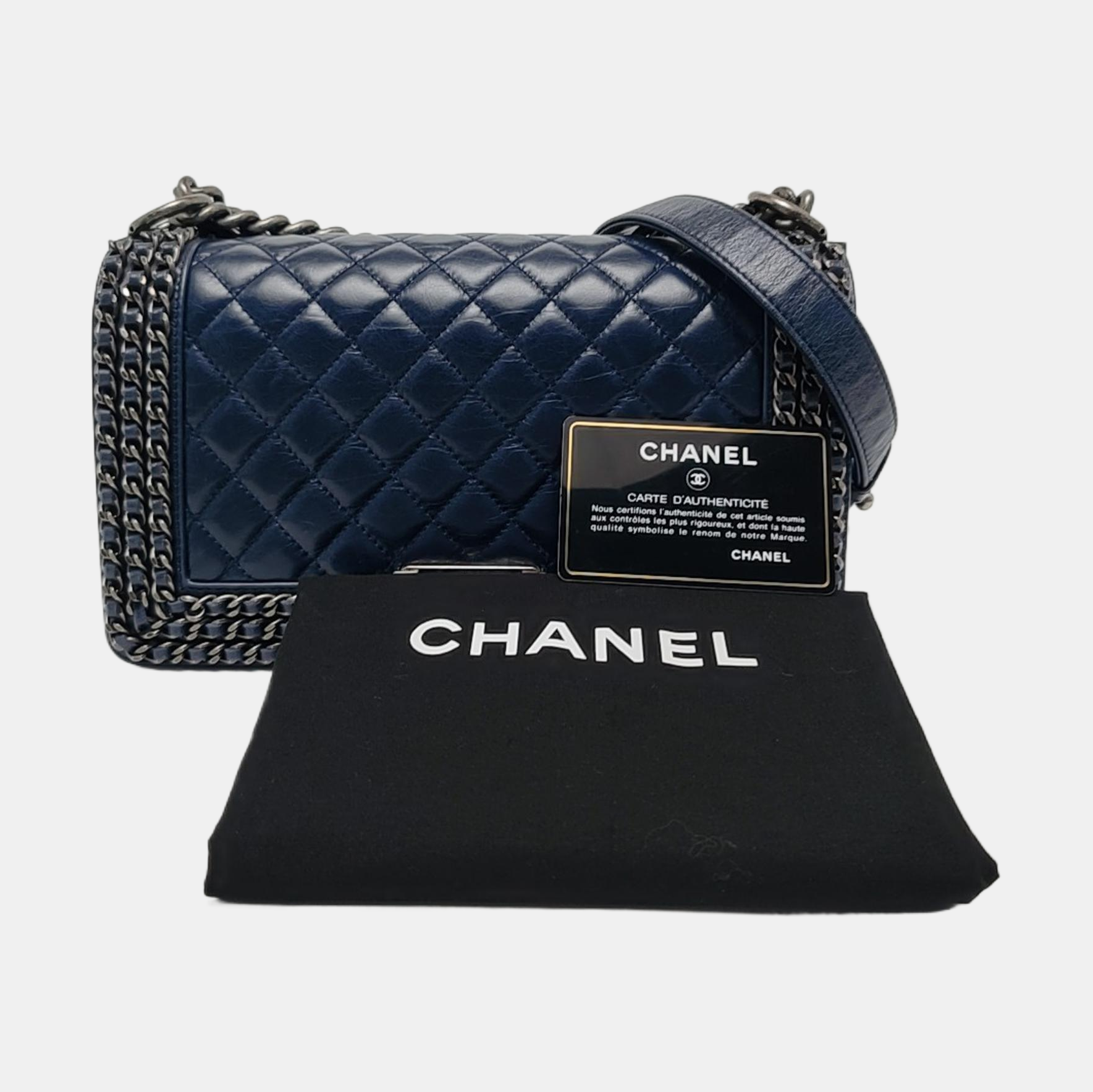 Authenticated pre-owned  BOY CHANEL Medium Quilted Calfskin Blue - Crossbody Bag at Looply