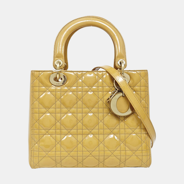 Authenticated pre-owned  Lady Dior Medium Quilted Patent Leather Yellow - Shoulder Bag at Looply