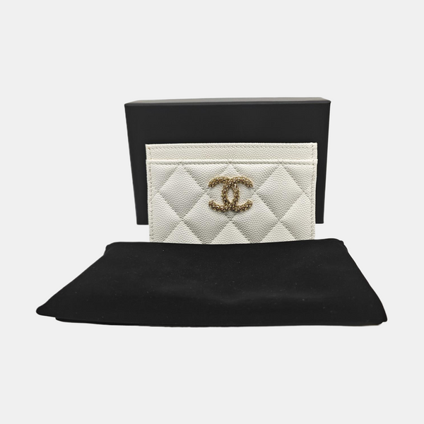 CHANEL 19 Small Quilted Grained Calfskin White Card Holder
