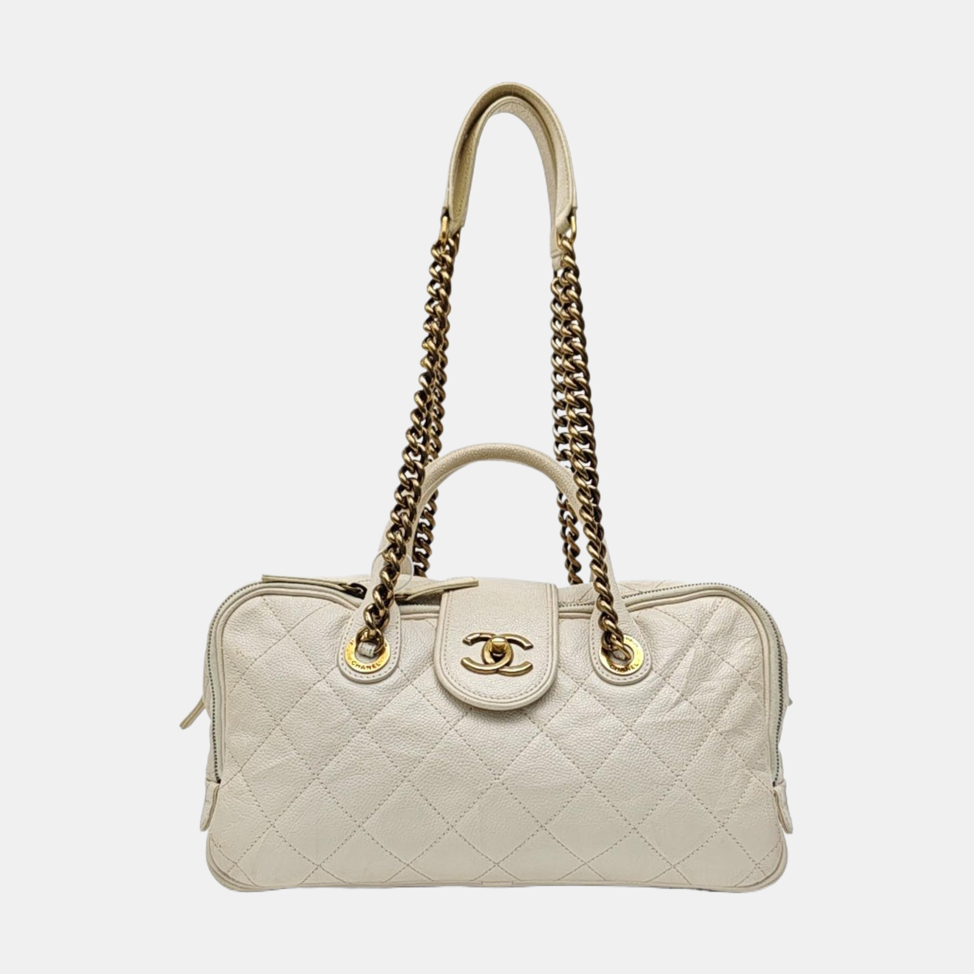 Quilted Grained Calfskin Shoulder Bag White