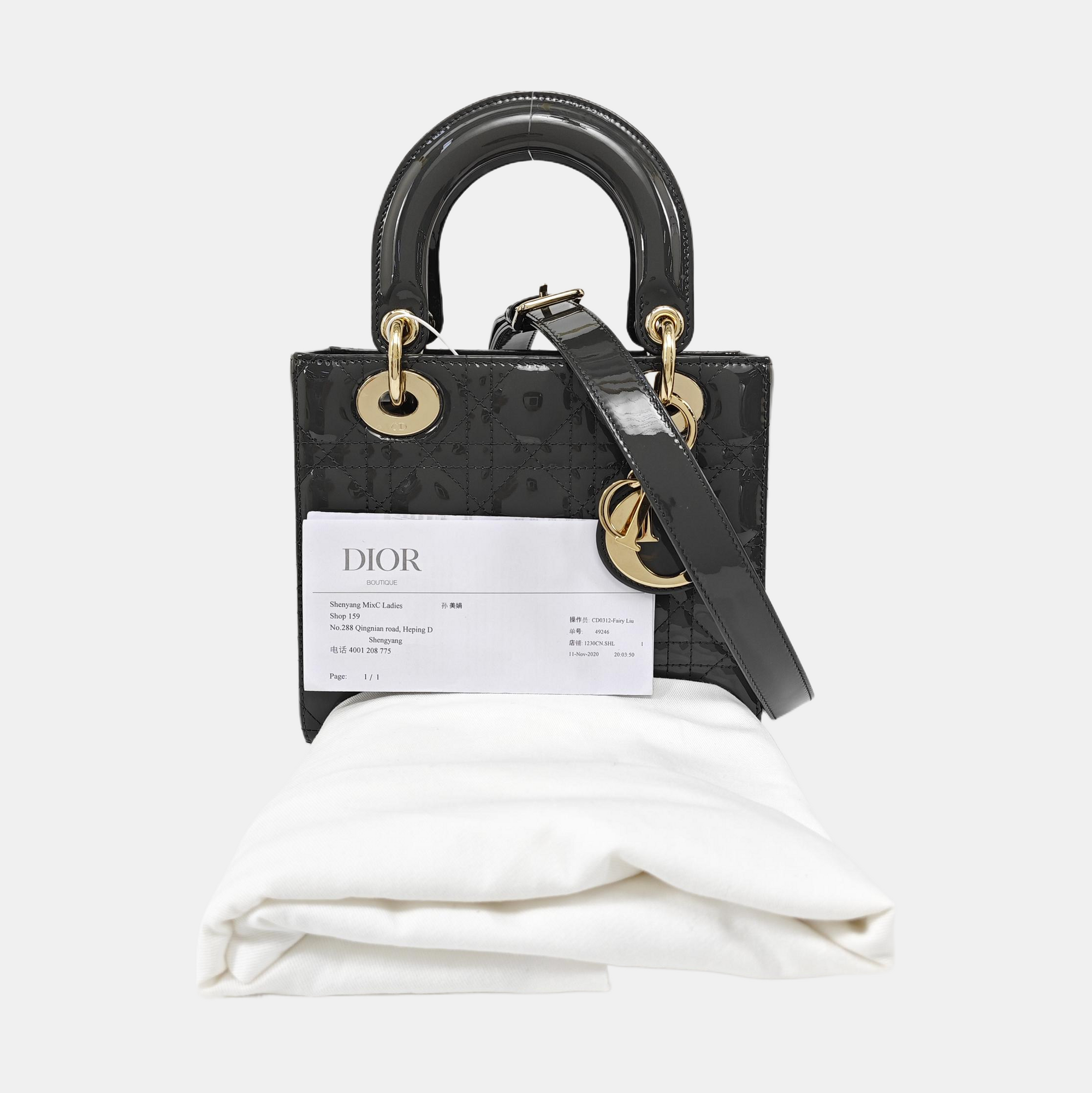 Lady Dior Small Cannage Patent Leather Gray