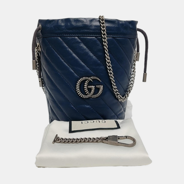 Authenticated pre-owned  GG Marmont Mini Quilted Calfskin Blue - Bucket Bag at Looply