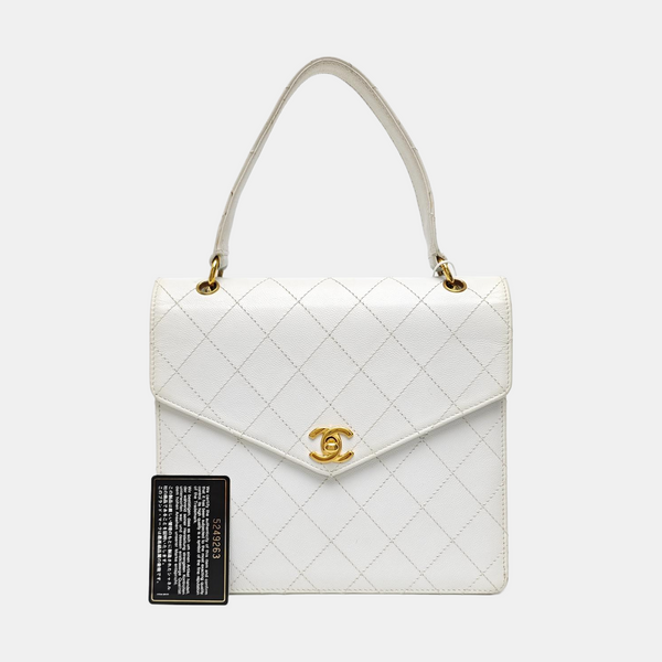 Quilted Grained Calfskin Top Handle Bag White