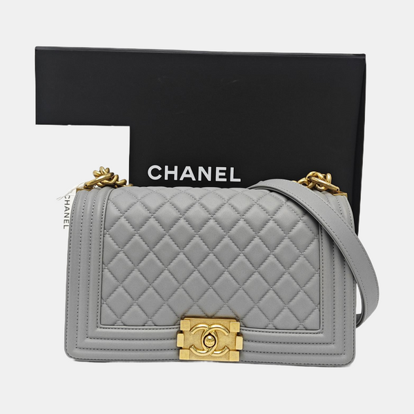 BOY CHANEL Medium Quilted Grained Calfskin Gray