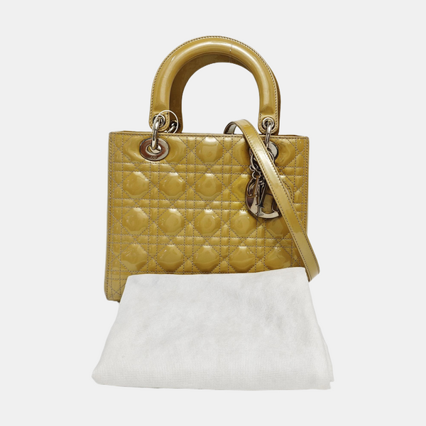 Authenticated pre-owned  Lady Dior Medium Quilted Patent Leather Green - Tote Bag at Looply