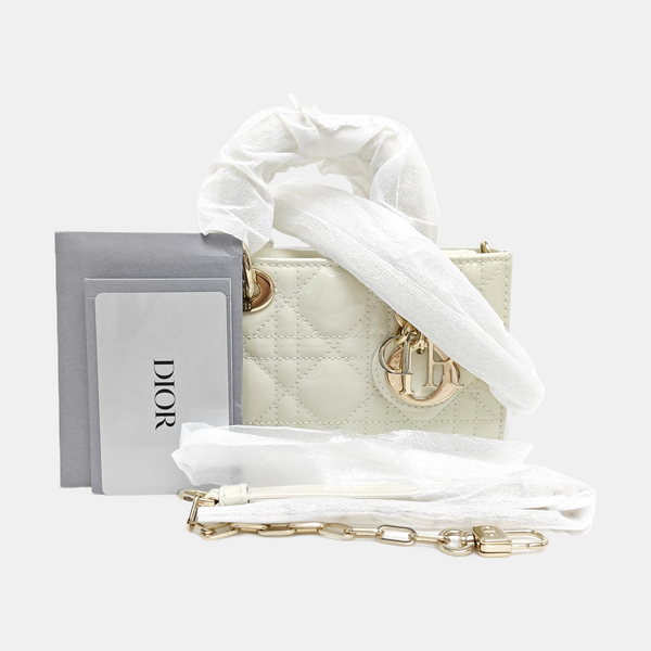 Lady D-Joy Super Mini Cannage Patent Leather White