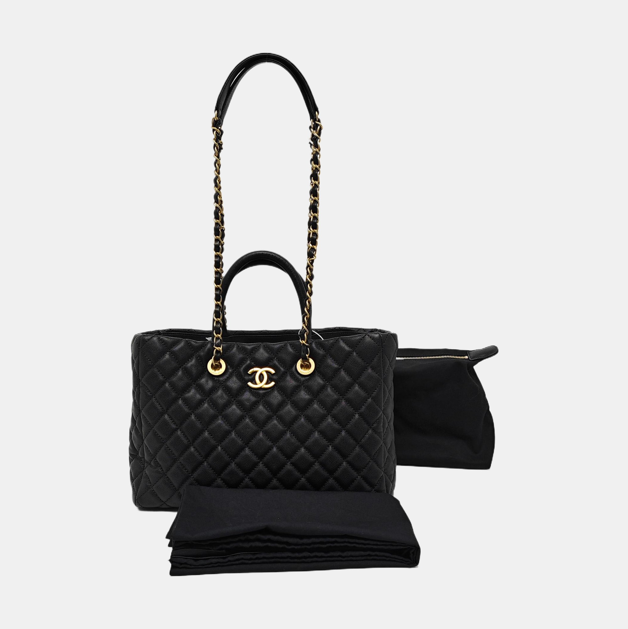 Quilted Grained Calfskin Tote Bag Black